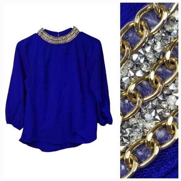 Moa Moa Cobalt Blue Crystal Gold Chain Neck Crepe Blouse Dressy Career Top Suit - Picture 1 of 9